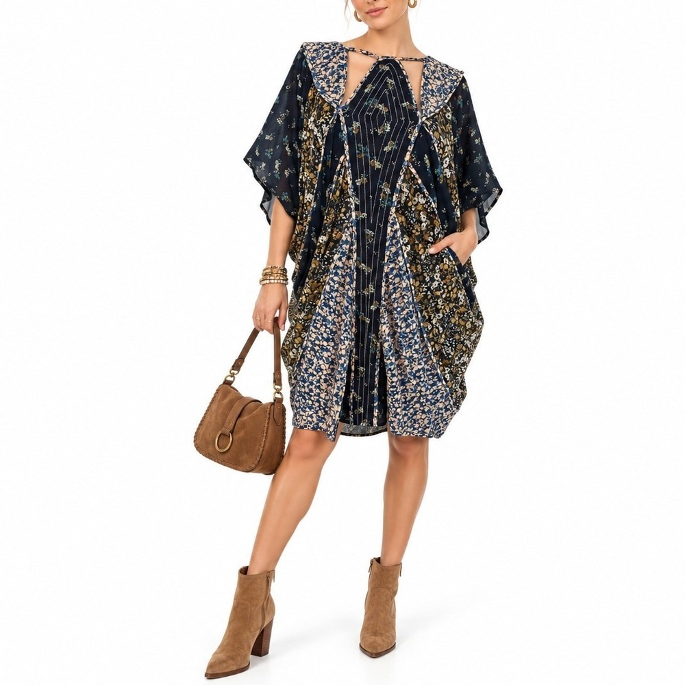 Anthropologie Tunic Dress Women Small Navy Multi Floral Patchwork Quilted Boho